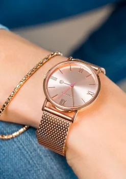 Discount Zinzi Roman horloge roségoudkleurige wijzerplaat en kast stalen mesh band roségoudkleurig 34mm extra dun ZIW505M