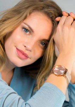 Discount Zinzi Roman horloge roségoudkleurige wijzerplaat en kast stalen mesh band roségoudkleurig 34mm extra dun ZIW505M