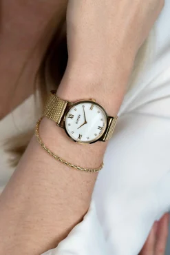 Zinzi Roman horloge witte parelmoer wijzerplaat stalen kast geelgoudkleurig stalen mesh band geelgoudkleurig 34mm extra dun ZIW548M