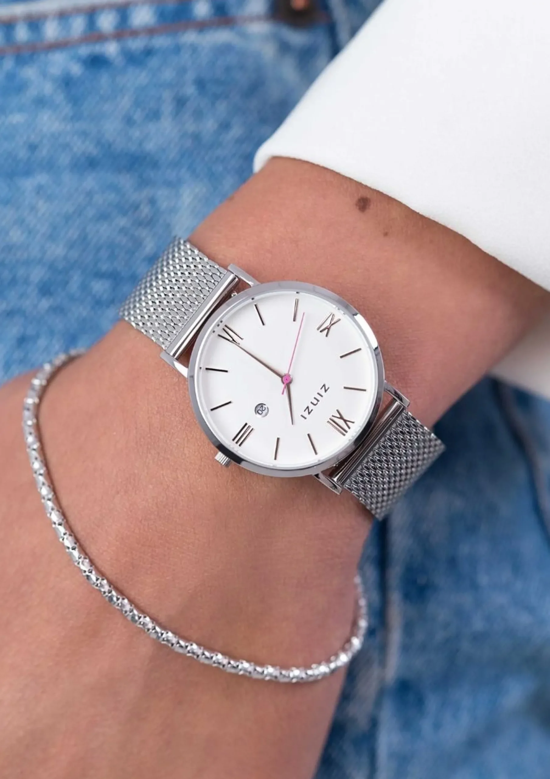 Online Zinzi Roman horloge witte wijzerplaat stalen kast stalen mesh band 34mm extra dun ZIW506M