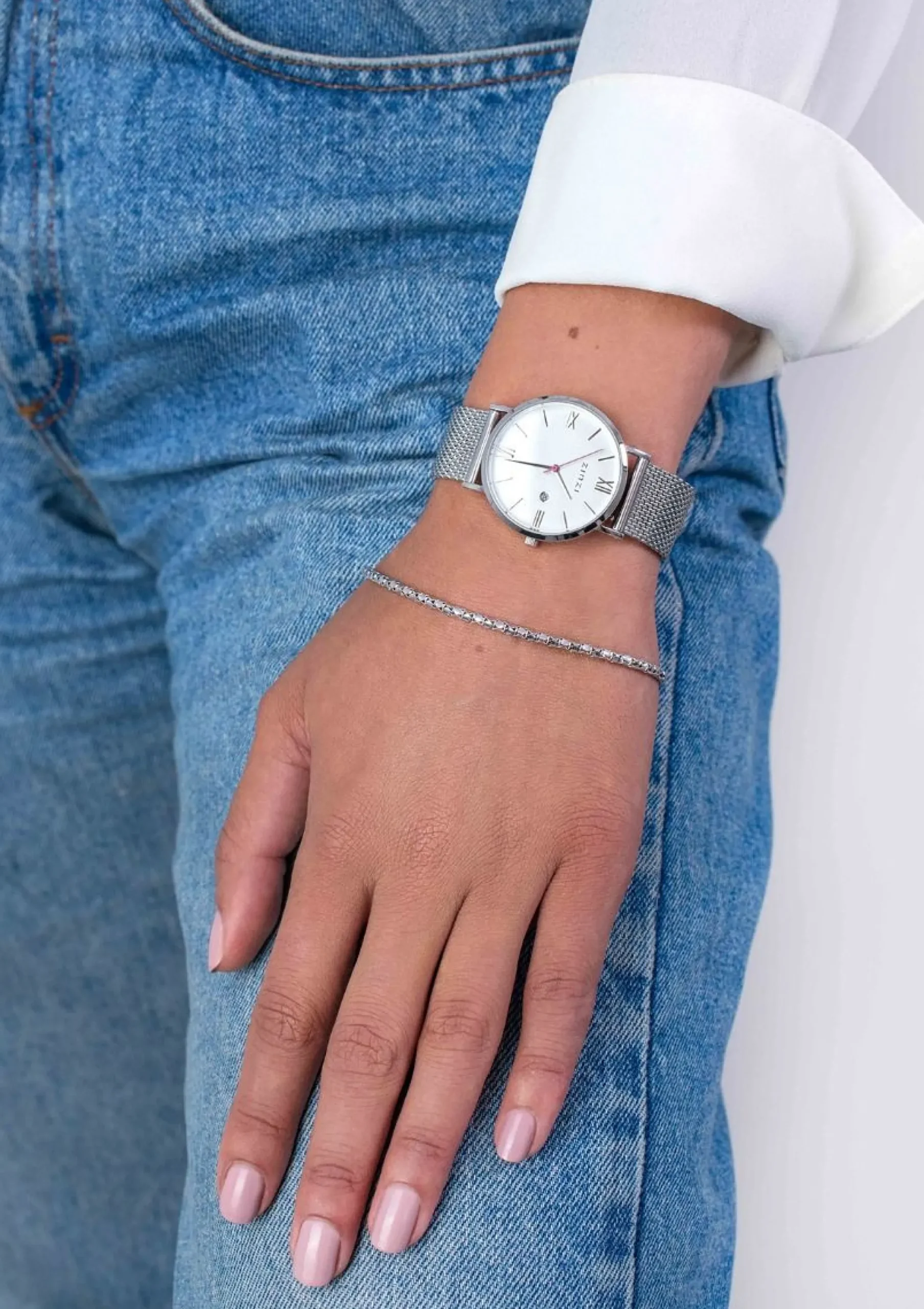 Online Zinzi Roman horloge witte wijzerplaat stalen kast stalen mesh band 34mm extra dun ZIW506M
