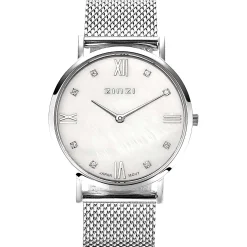 Sale Zinzi Roman horloge witte parelmoer wijzerplaat, witte zirconia's bij uuraanduiding, stalen mesh band 34mm extra dun ZIW521M