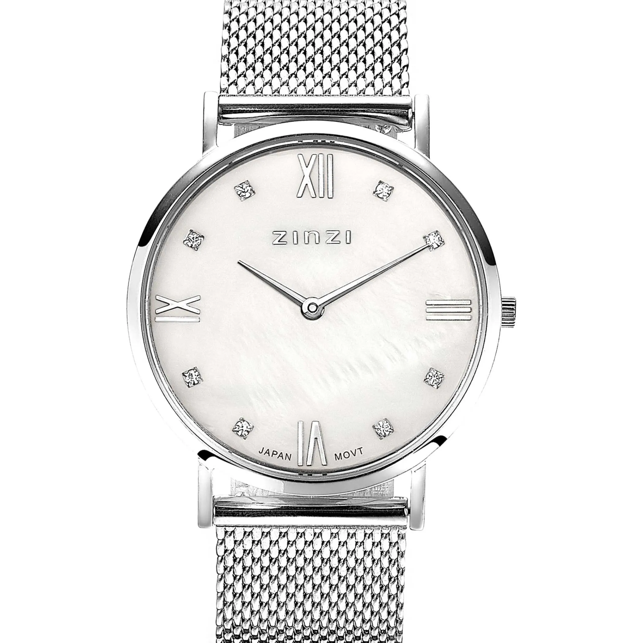 Sale Zinzi Roman horloge witte parelmoer wijzerplaat, witte zirconia's bij uuraanduiding, stalen mesh band 34mm extra dun ZIW521M