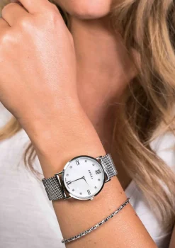 Sale Zinzi Roman horloge witte parelmoer wijzerplaat, witte zirconia's bij uuraanduiding, stalen mesh band 34mm extra dun ZIW521M