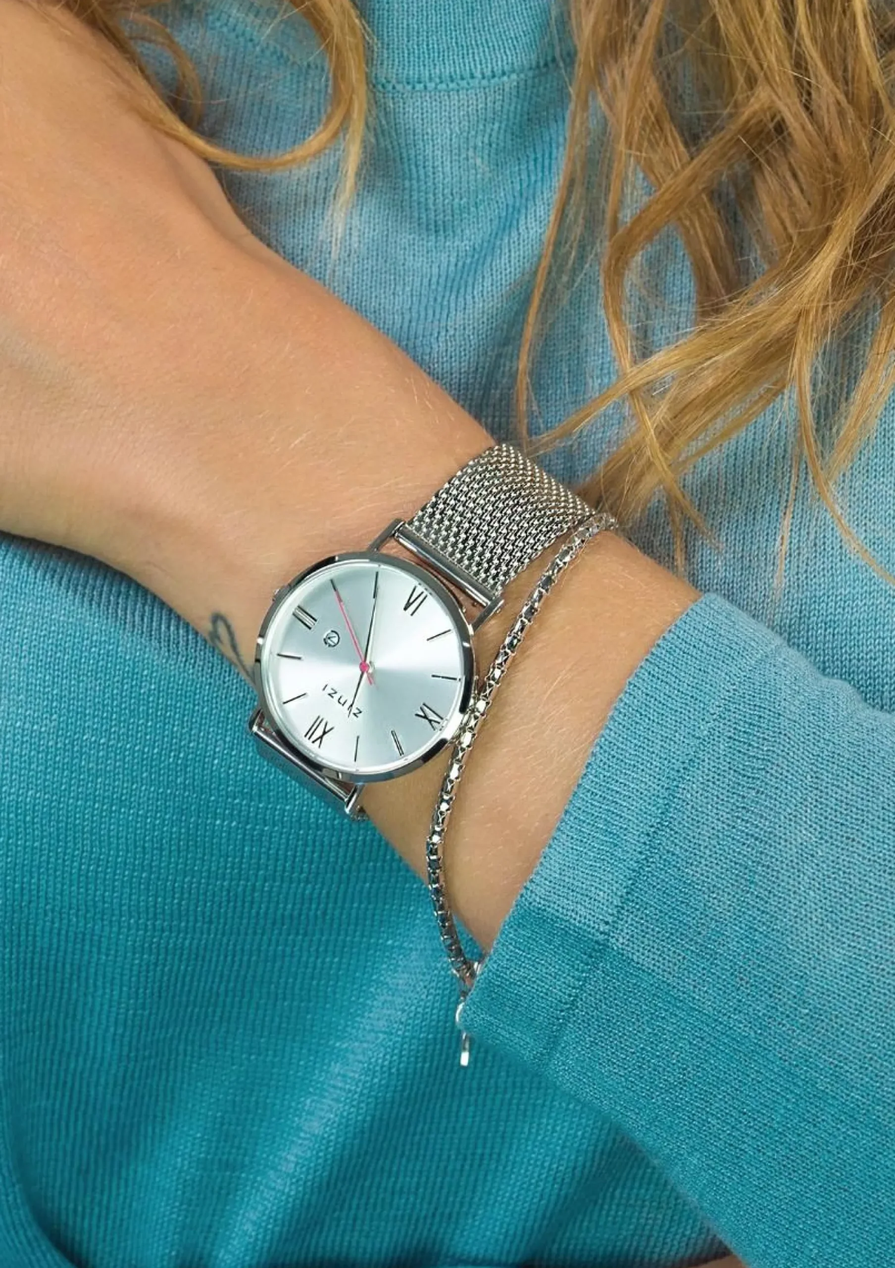 Sale Zinzi Roman horloge zilvergekleurde wijzerplaat en kast stalen mesh band 34mm extra dun ZIW502M