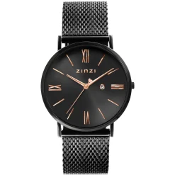 Sale Zinzi Roman horloge zwartgekleurde wijzerplaat en kast met rosé wijzers zwarte stalen mesh band 34mm extra dun ZIW509M