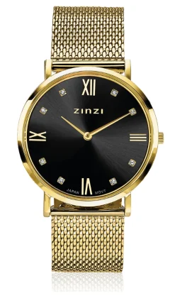 Outlet Zinzi Roman horloge zwarte wijzerplaat, witte zirconia's bij uuraanduiding, goudkleurige stalen mesh band 34mm ZIW543M