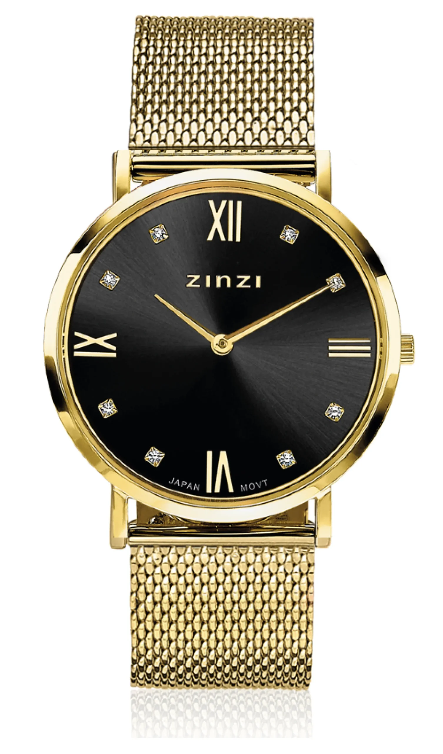 Outlet Zinzi Roman horloge zwarte wijzerplaat, witte zirconia's bij uuraanduiding, goudkleurige stalen mesh band 34mm ZIW543M