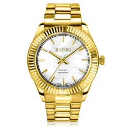 New Zinzi Solaris horloge met witte parelmoer wijzerplaat, stalen geelgoudkleurige kast 35mm en stalen band met clip-sluiting. Het Japanse uurwerk loopt op zon- en kunstlicht ZIW2134