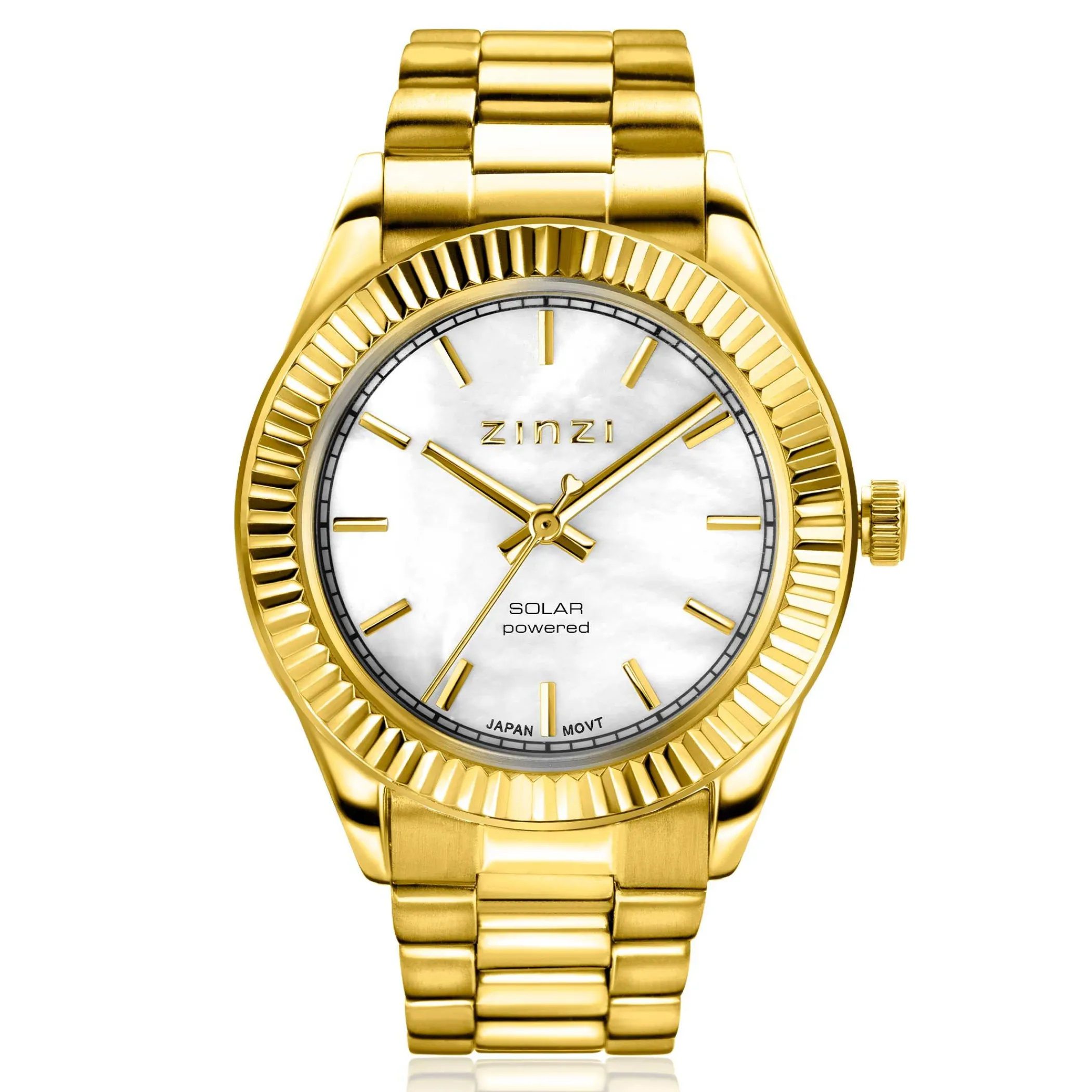 New Zinzi Solaris horloge met witte parelmoer wijzerplaat, stalen geelgoudkleurige kast 35mm en stalen band met clip-sluiting. Het Japanse uurwerk loopt op zon- en kunstlicht ZIW2134