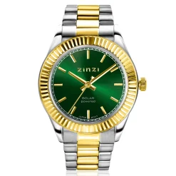 Online Zinzi Solaris horloge met groene wijzerplaat, stalen bicolor kast 35mm en stalen bicolor band met clip-sluiting. Het Japanse uurwerk loopt op zon- en kunstlicht ZIW2135