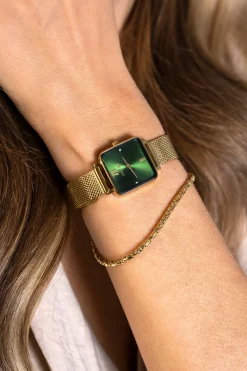 Discount Zinzi Square Mini horloge groene wijzerplaat en vierkante geelgoudkleurige kast stalen mesh band 22mm extra dun ZIW1735