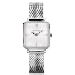 Discount Zinzi Square Mini horloge witte parelmoer wijzerplaat en vierkante zilverkleurige kast stalen mesh band 22mm extra dun ZIW1717
