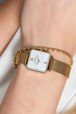 New Zinzi Square Mini horloge witte parelmoer wijzerplaat en vierkante geelgoudkleurige kast stalen mesh band 22mm extra dun ZIW1734