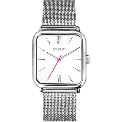 Zinzi Square Roman horloge witte wijzerplaat en rechthoekige kast stalen mesh band 32mm extra dun ZIW806M