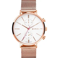 Hot Zinzi Traveller horloge witte wijzerplaat en roségoudkleurige kast stalen mesh band roségoudkleurig 39mm dual time ZIW708M