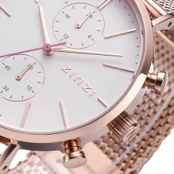 Hot Zinzi Traveller horloge witte wijzerplaat en roségoudkleurige kast stalen mesh band roségoudkleurig 39mm dual time ZIW708M