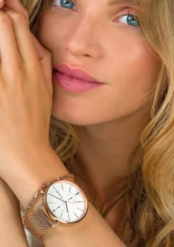 Hot Zinzi Traveller horloge witte wijzerplaat en roségoudkleurige kast stalen mesh band roségoudkleurig 39mm dual time ZIW708M