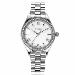 Hot Zinzi Tresor horloge 32mm bezet met witte zirkonia's, parelmoer wijzerplaat en zilverkleurige stalen kast en schakelband ZIW2417