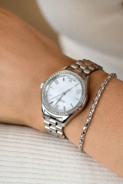 Hot Zinzi Tresor horloge 32mm bezet met witte zirkonia's, parelmoer wijzerplaat en zilverkleurige stalen kast en schakelband ZIW2417