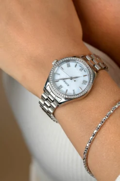 Hot Zinzi Tresor horloge 32mm bezet met witte zirkonia's, parelmoer wijzerplaat en zilverkleurige stalen kast en schakelband ZIW2417