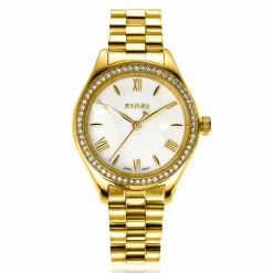 Sale Zinzi Tresor horloge 32mm bezet met witte zirkonia's, parelmoer wijzerplaat en goudkleurige stalen kast en schakelband ZIW2434