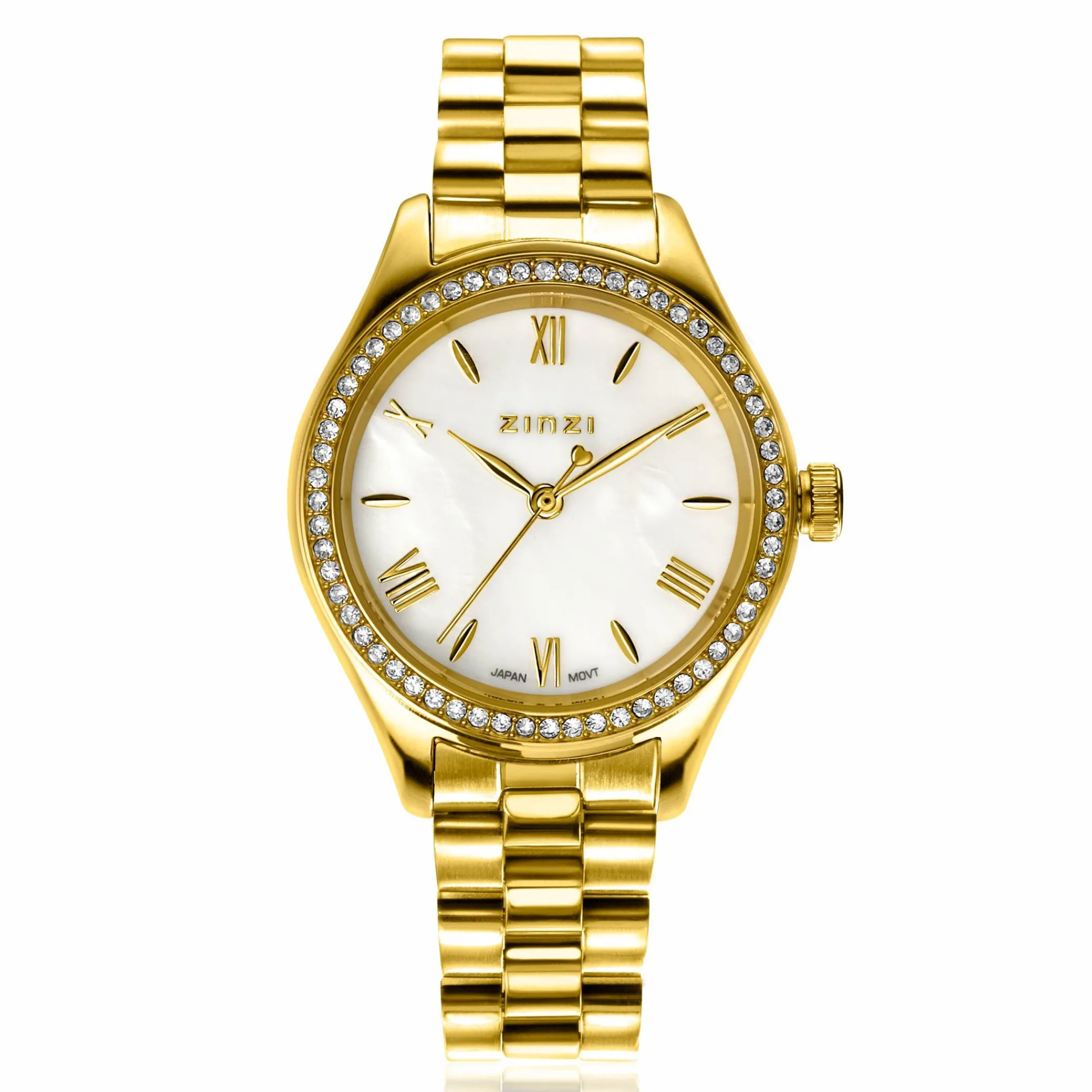 Sale Zinzi Tresor horloge 32mm bezet met witte zirkonia's, parelmoer wijzerplaat en goudkleurige stalen kast en schakelband ZIW2434