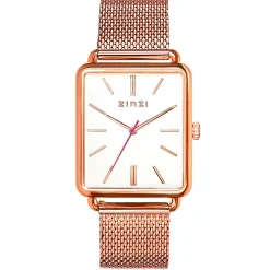New Zinzi Vintage Retro horloge witte wijzerplaat en rechthoekige roségoudkleurige kast stalen mesh band 34mm extra dun ZIW908M