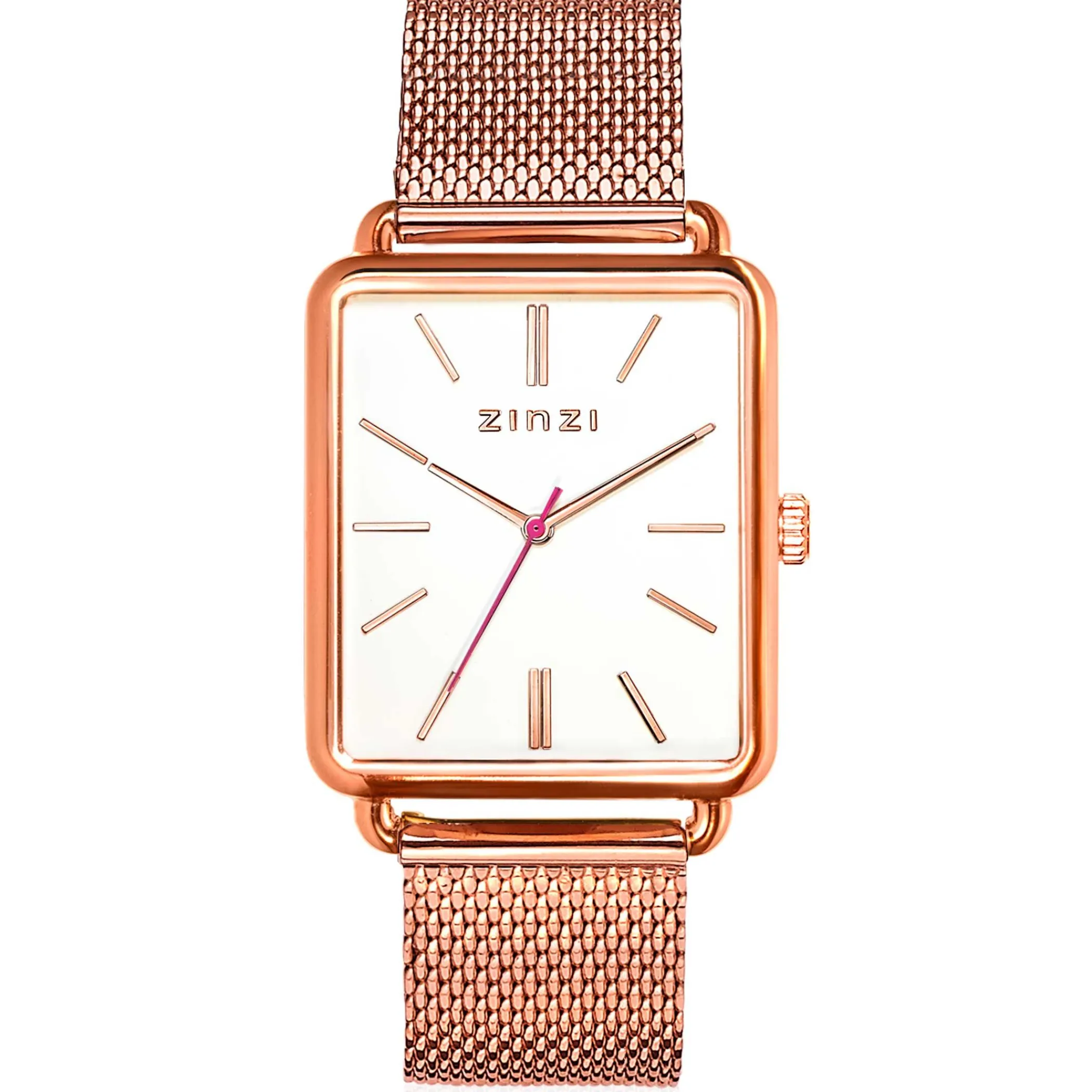 New Zinzi Vintage Retro horloge witte wijzerplaat en rechthoekige roségoudkleurige kast stalen mesh band 34mm extra dun ZIW908M