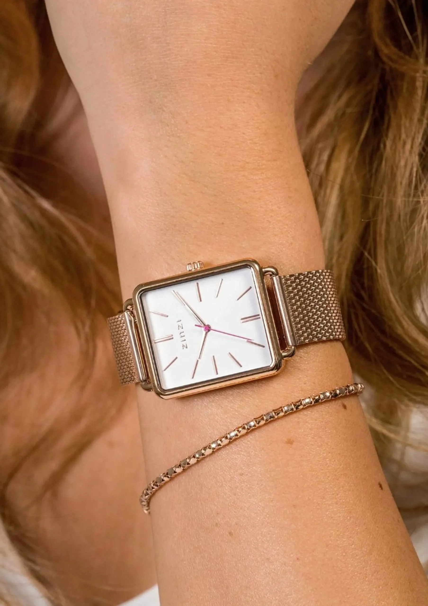 New Zinzi Vintage Retro horloge witte wijzerplaat en rechthoekige roségoudkleurige kast stalen mesh band 34mm extra dun ZIW908M