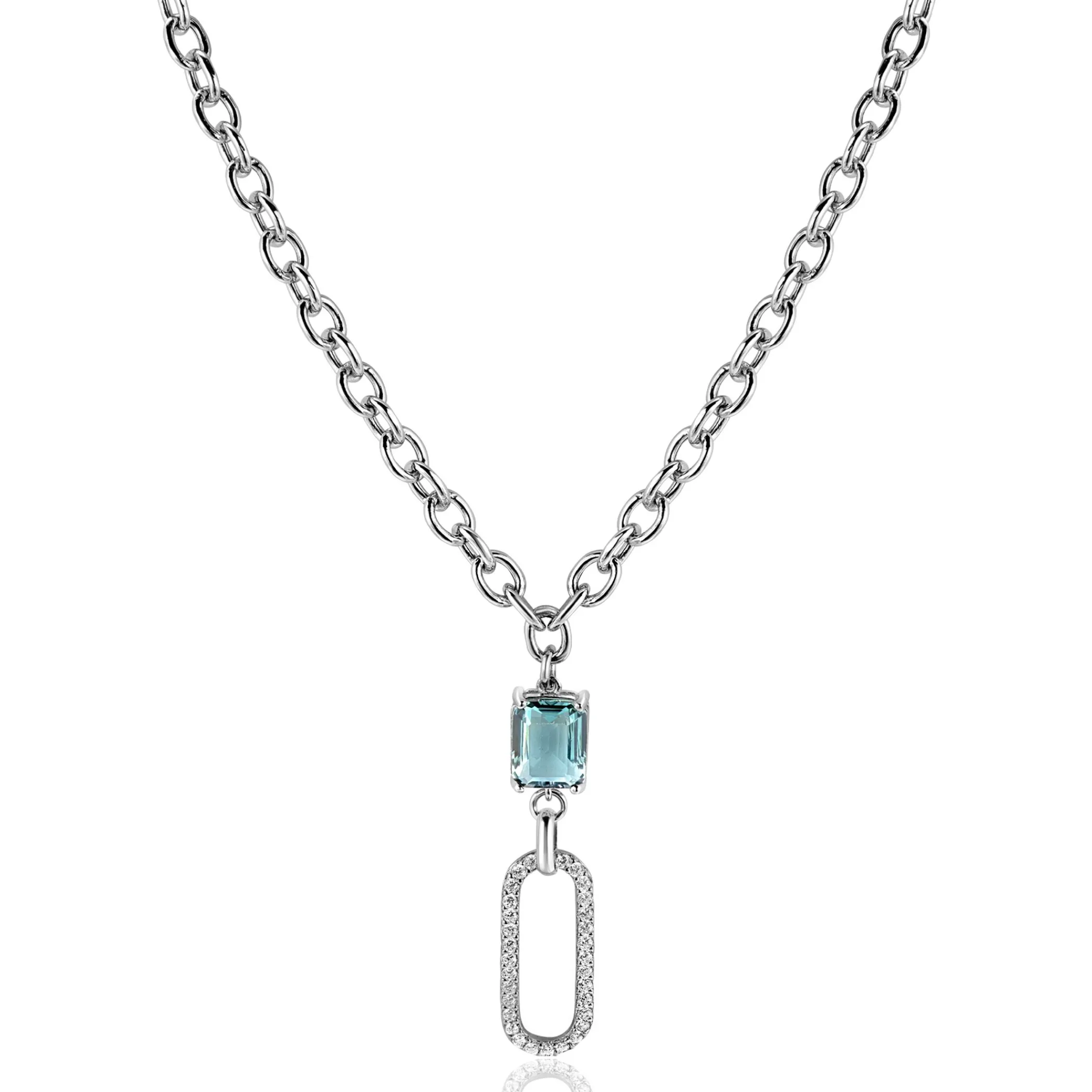 Zinzi zilveren ovale schakel ketting 45cm met luxe hanger met ovale schakel, bezet met witte zirconia's. En groenachtig blauwe (petrol) kleursteen in vierpootszetting ZIC2487