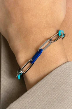 Hot Zinzi zilveren armband met paperclip-schakels en trendy schakels in turquoise en lapisblauw 19cm ZIA2456