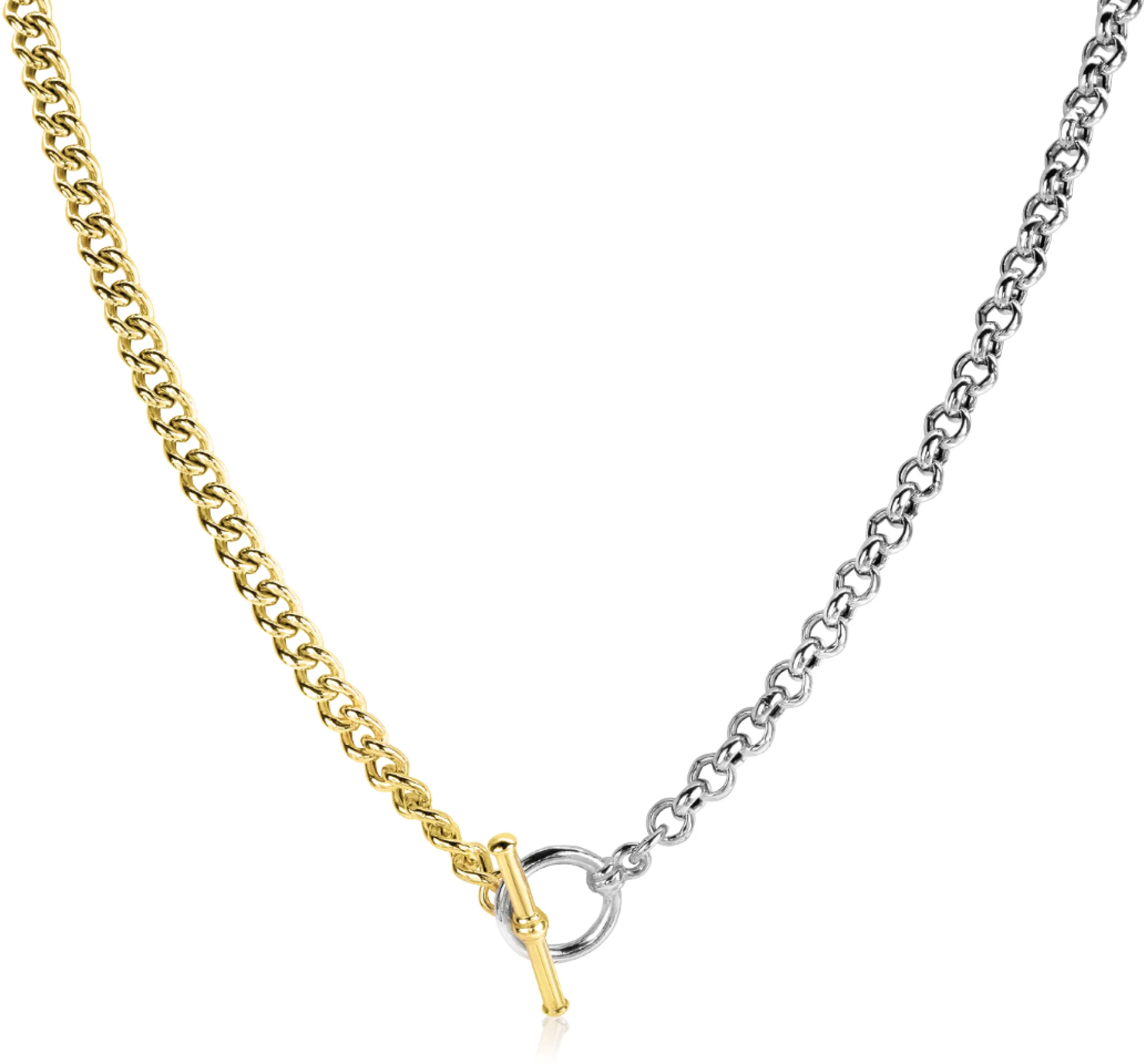 Hot Zinzi zilveren bicolor ketting met trendy jasseron en gold plated gourmet schakels, met kapittel-sluiting 42-45cm ZIC2387