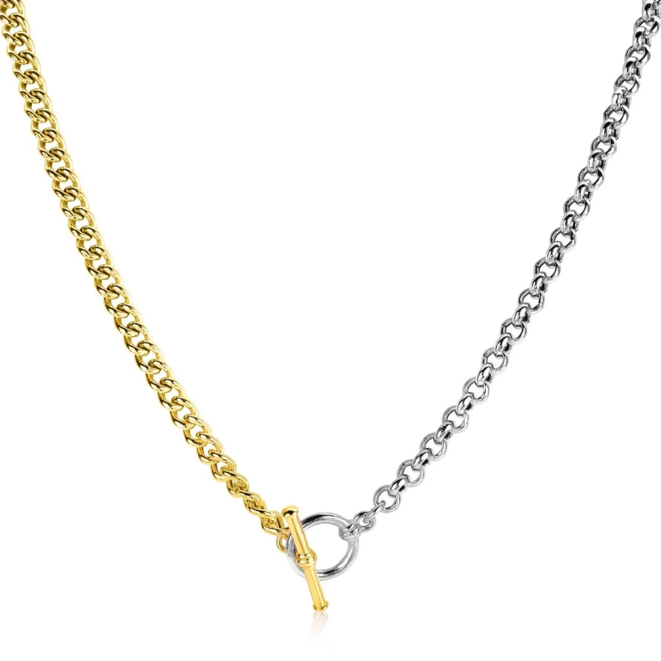 Hot Zinzi zilveren bicolor ketting met trendy jasseron en gold plated gourmet schakels, met kapittel-sluiting 42-45cm ZIC2387