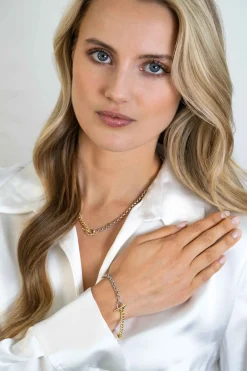 Hot Zinzi zilveren bicolor ketting met trendy jasseron en gold plated gourmet schakels, met kapittel-sluiting 42-45cm ZIC2387