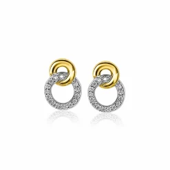 Hot Zinzi zilveren bicolor oorknoppen 11mm verbonden rondjes glad en witte zirconia ZIO2045Y