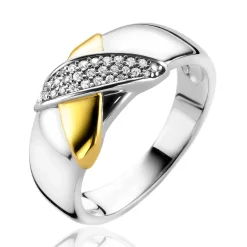 New Zinzi zilveren bicolor ring cross-over bezet met witte zirconia's ZIR2240