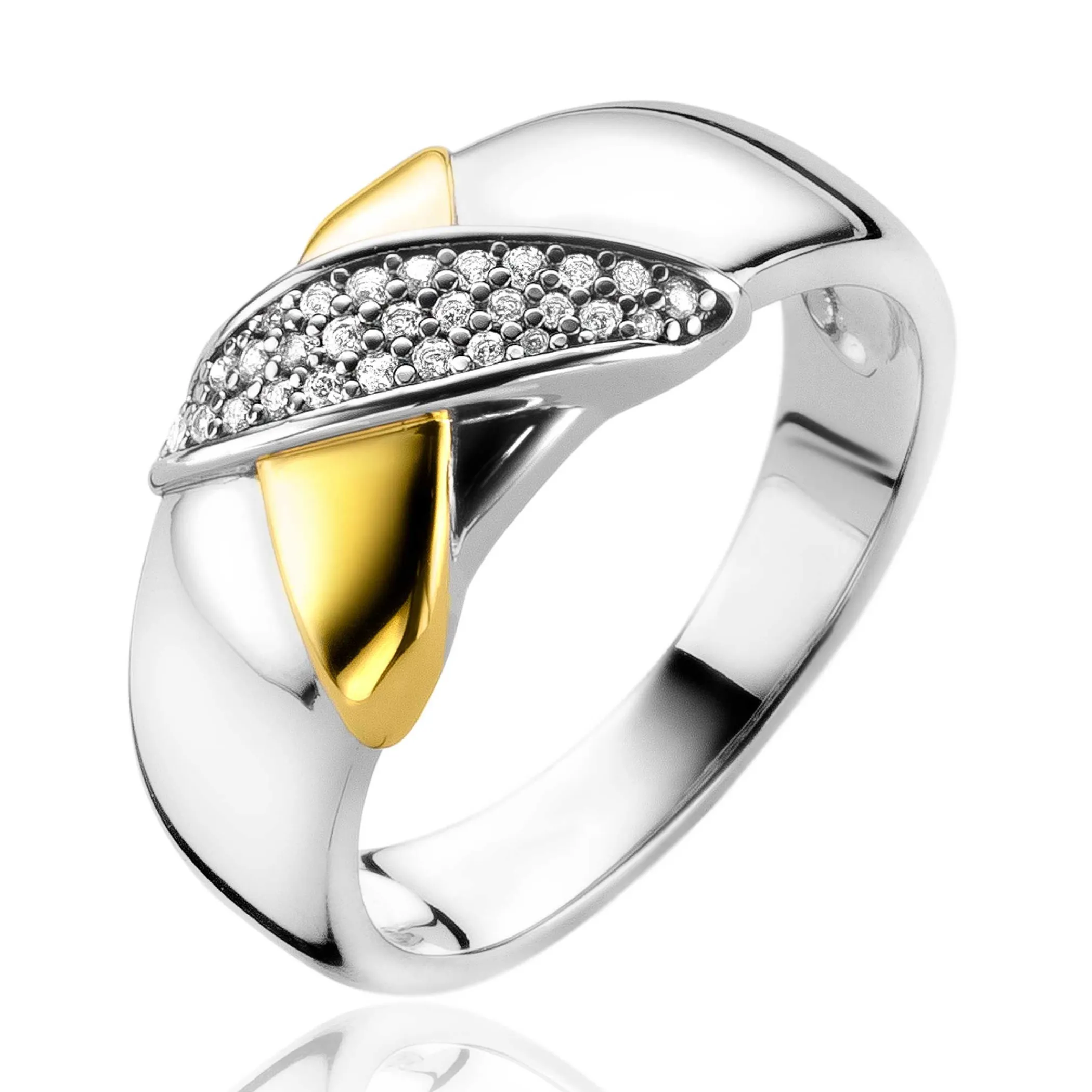 New Zinzi zilveren bicolor ring cross-over bezet met witte zirconia's ZIR2240