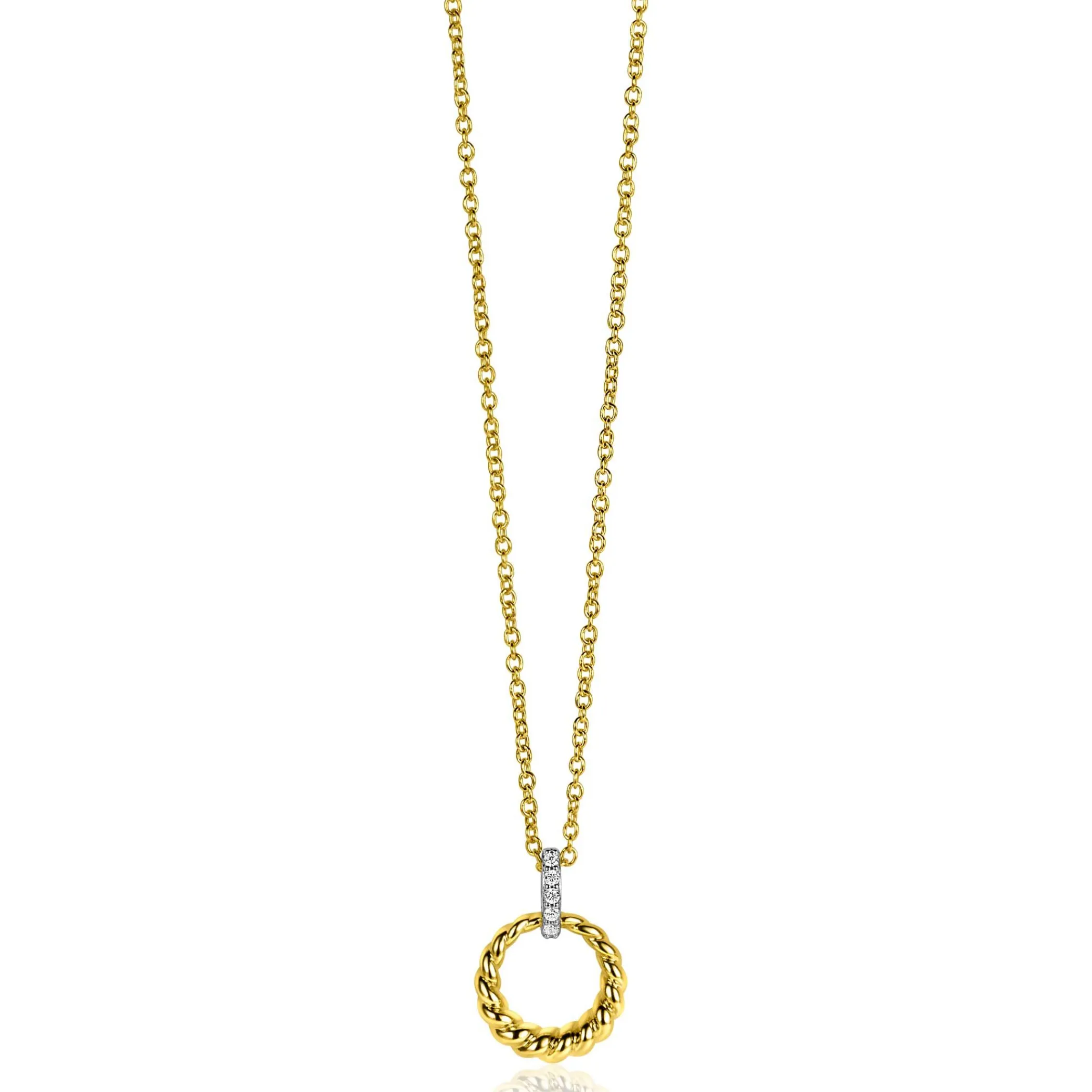 New Zinzi zilveren bicolor ronde hanger 15mm gedraaid motief, hangoog bezet met witte zirconia's ZIH2403Y (zonder collier)