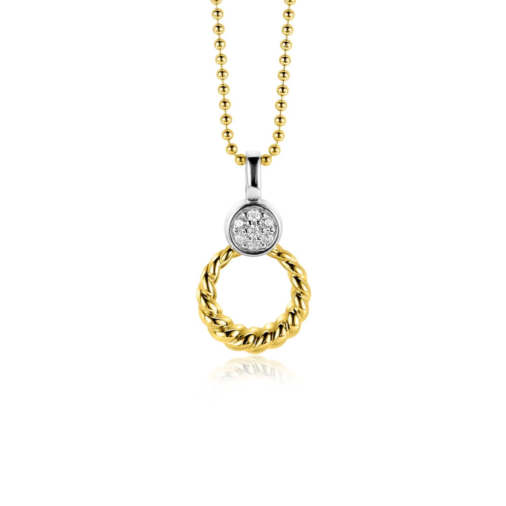 Discount Zinzi zilveren bicolor ronde hanger 20mm gedraaid motief, bezet met witte zirconia's ZIH2390Y (zonder collier)