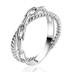 Online Zinzi zilveren brede cross-over ring met trendy paperclip schakel en gedraaide baan ZIR2544