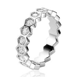 Online Zinzi zilveren brede ring met zeshoeksvormen, bezet met witte zirconia's ZIR2543