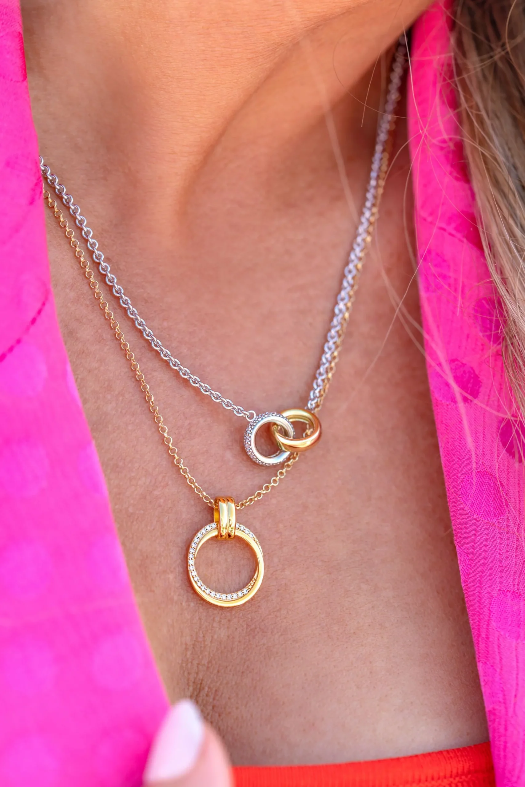 Zinzi zilveren collier bicolor schakel met twee ringen verbonden 46-49cm ZIC2102