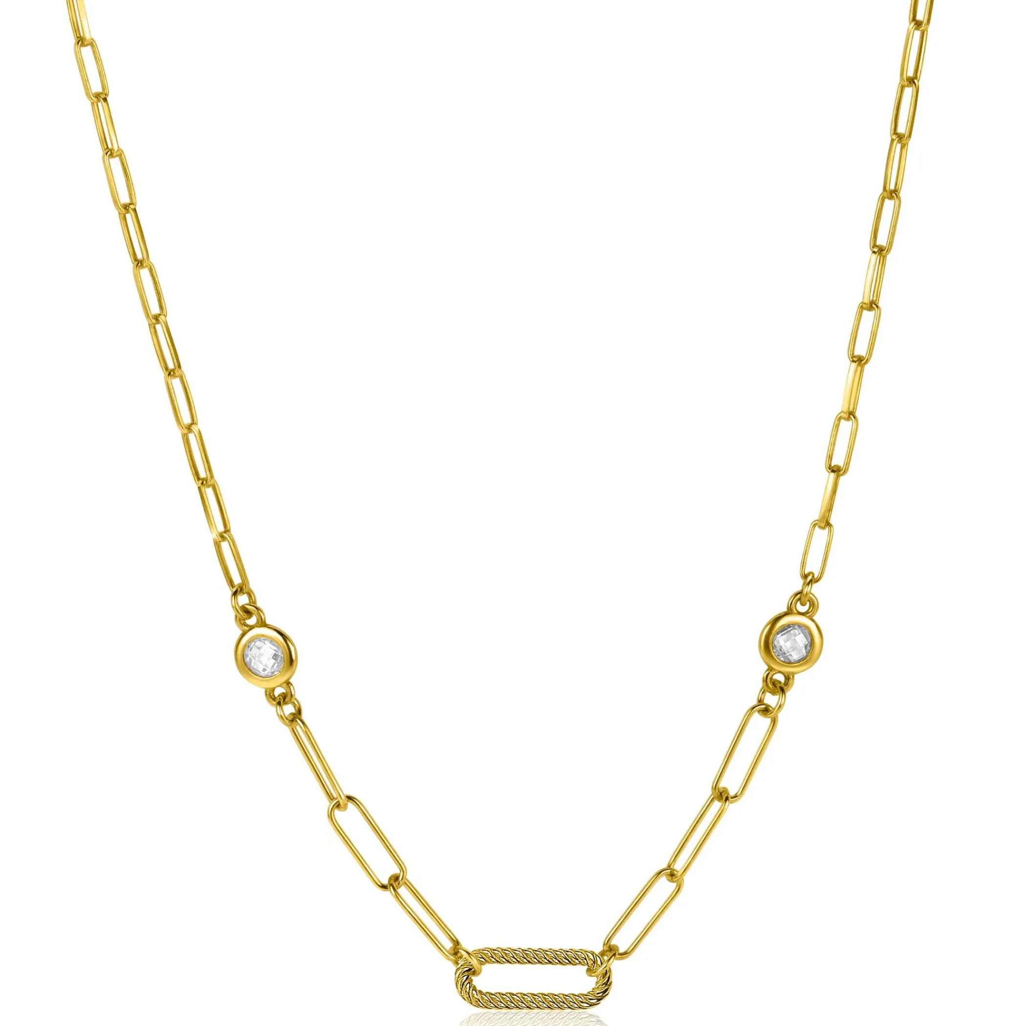 Zinzi zilveren collier extra 14K geel verguld paperclip schakel met witte ronde zirconia's 42-45cm ZIC2264G