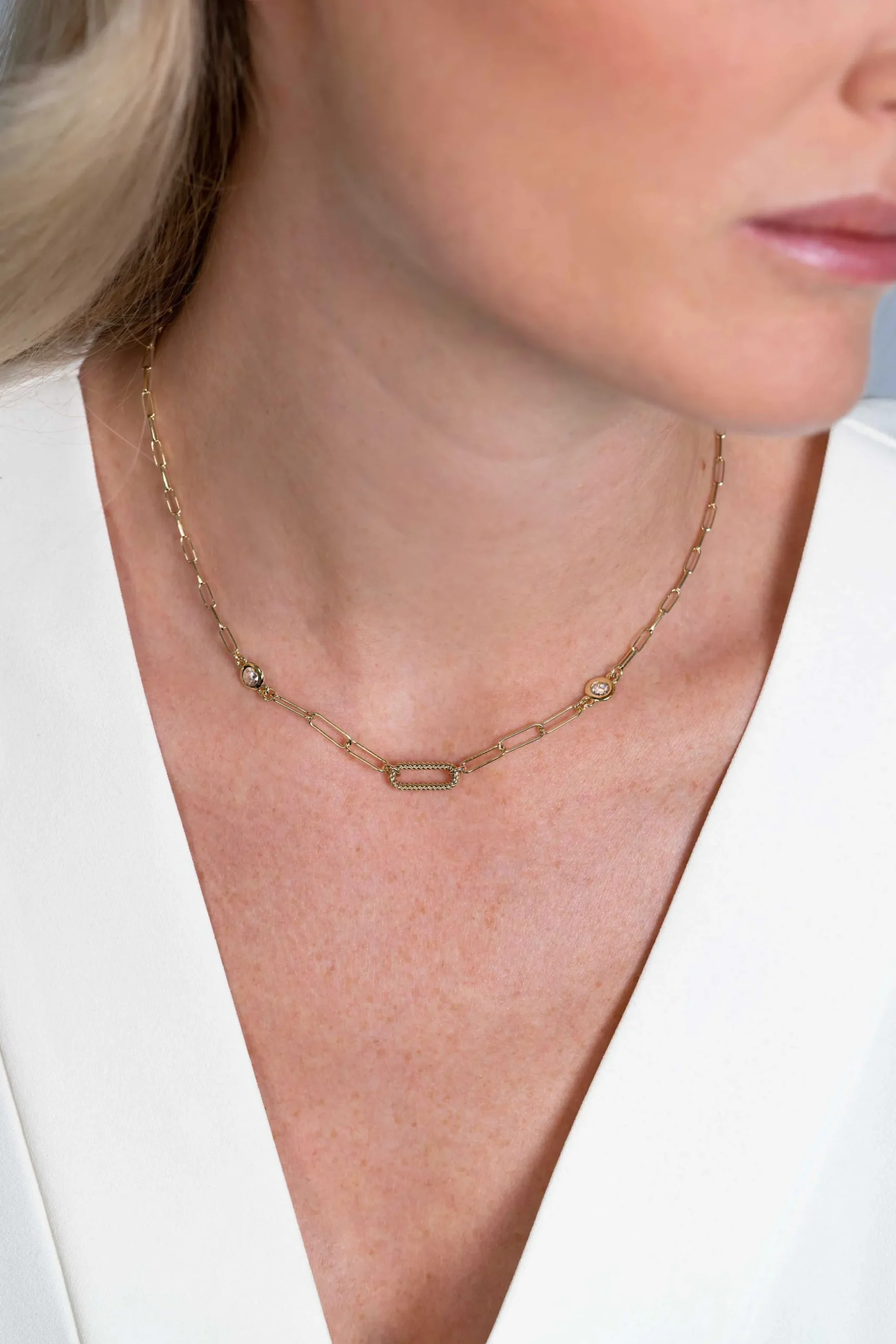 Zinzi zilveren collier extra 14K geel verguld paperclip schakel met witte ronde zirconia's 42-45cm ZIC2264G