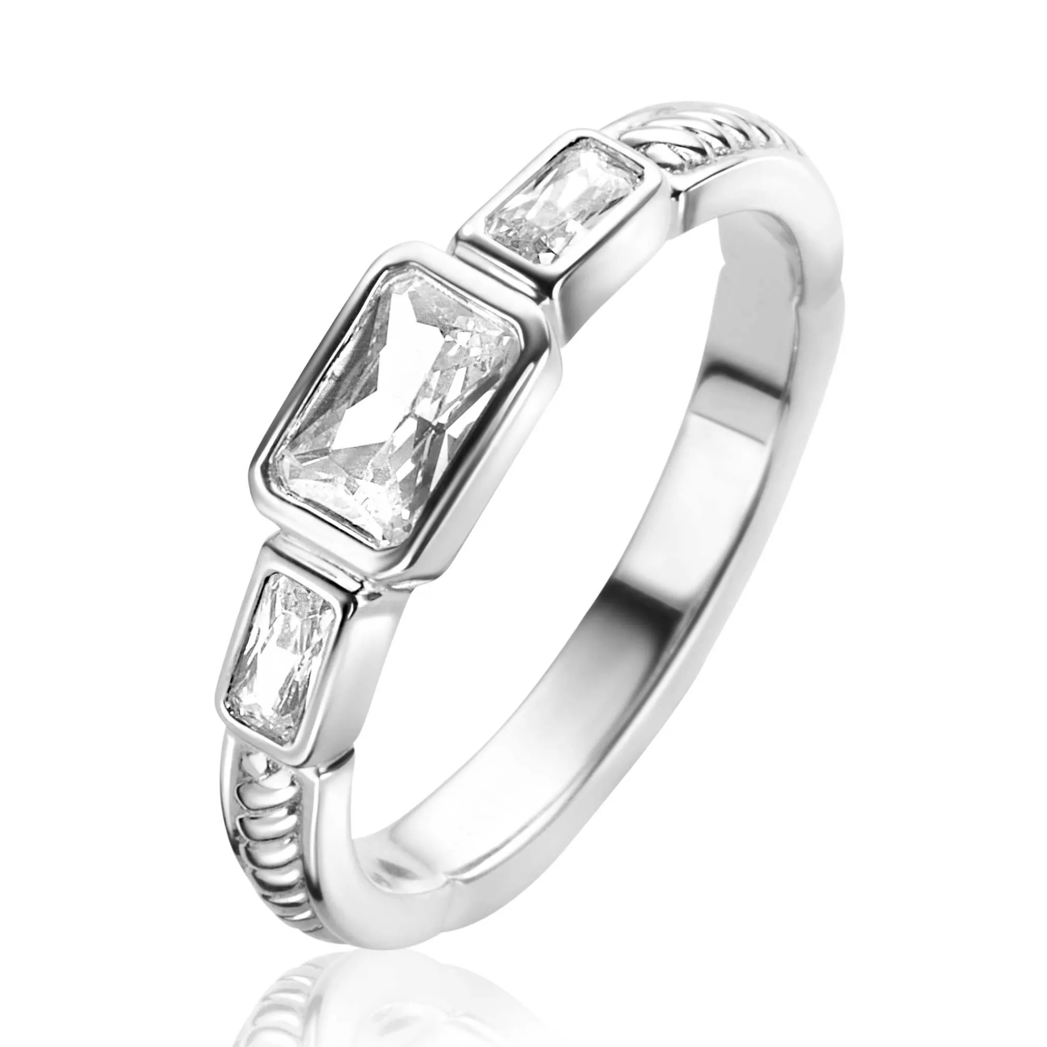 Outlet Zinzi zilveren elegante ring, met drie rechthoekige zirconia's en een scheen met gedraaide bewerking ZIR2396
