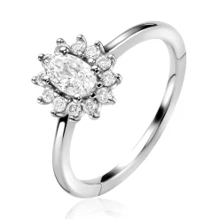 Zinzi zilveren entourage verlovingsring met een grote ovale witte zirkonia (11mm) en klein hartje aan de zijkant ZIR2699