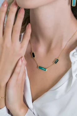 Zinzi zilveren fantasie collier 14K geel verguld met grote rechthoekige kleurstenen groen/zwart 42-45cm ZIC2112