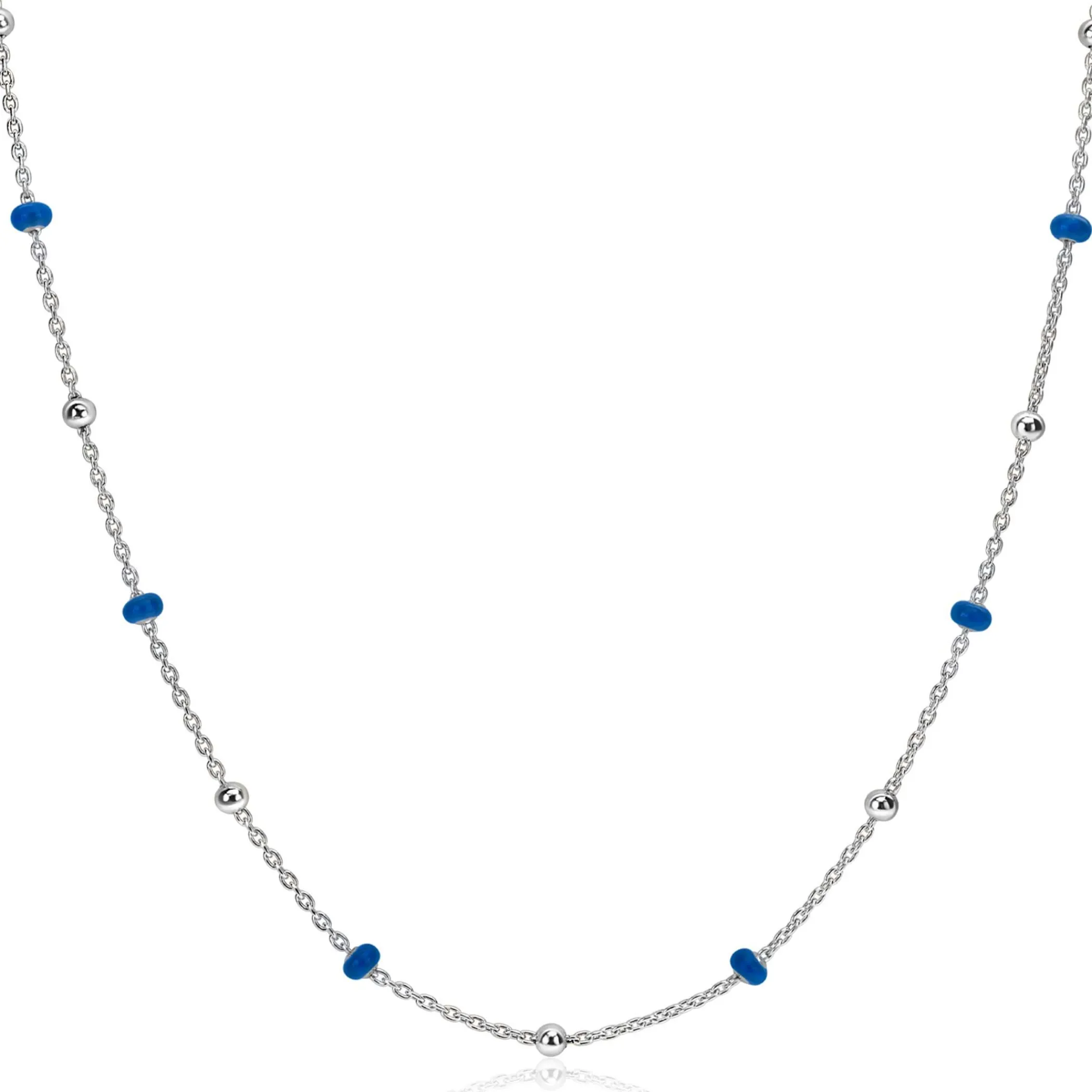 Online Zinzi zilveren fantasie ketting met 13 blauwe donuts en glanzende bolletjes 42-45cm ZIC2511