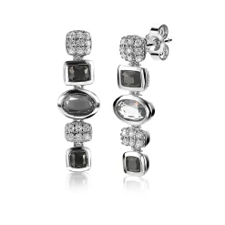 Outlet Zinzi zilveren fantasie oorsieraden 25mm met witte zirconia's en grijs zwarte kleurstenen ZIO1944